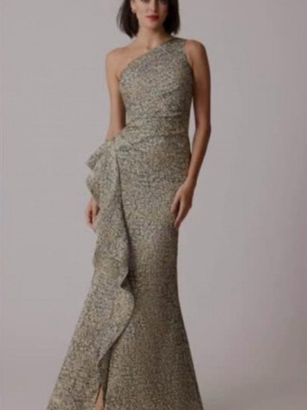 Teri Jon by Rickie Freeman One-Shoulder Metallic Jacquard Gown – Green/Gold – 16